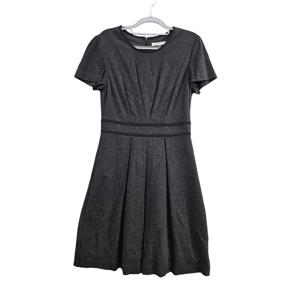 Trina Turk Pleated Fit and Flare‎ Dress Womens 8 Grey Silk Contrast Short Sleeve